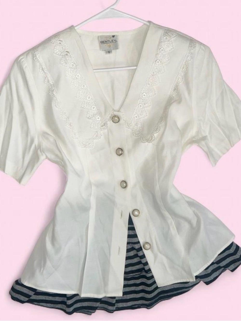 Cream Lace-Trim Button Front Women's Top